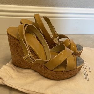 Jimmy Choo Papyrus Patent Nude and Cork Wedge 38